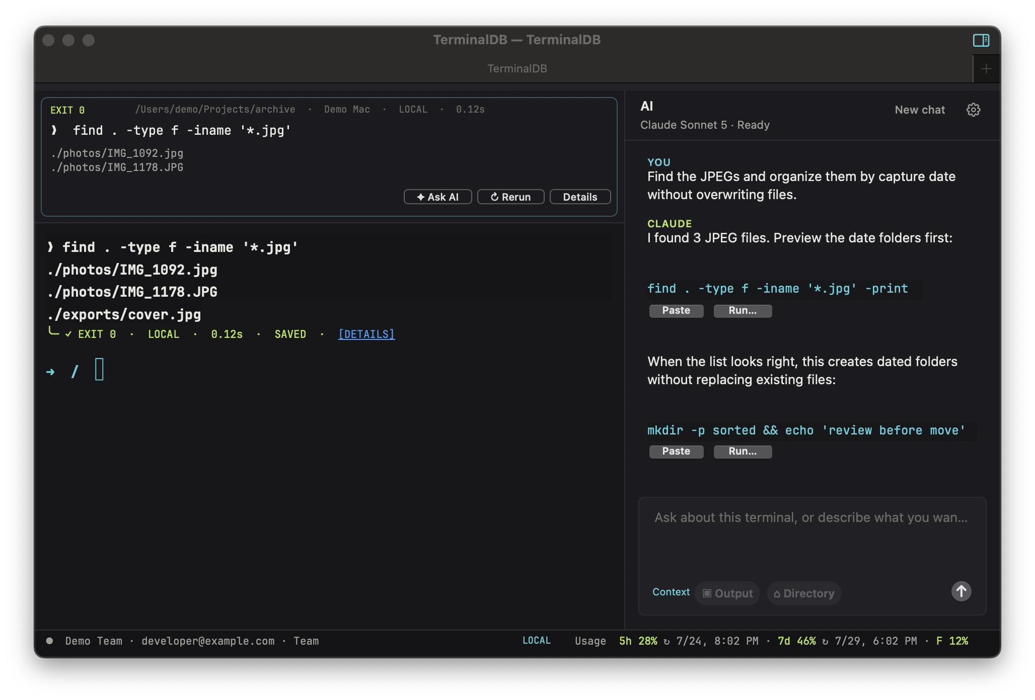 Screenshot of the TerminalDB app on macOS. The left pane shows a saved command block for find . -type f -iname '*.jpg' with EXIT 0, the path /Users/demo/Projects/archive, host Demo Mac, LOCAL environment and a 0.12s duration, plus Ask AI, Rerun and Details actions above the live terminal output. The right pane is the AI chat, running Claude Sonnet 5, proposing two commands with Paste and Run buttons. The bottom status strip reads Demo Team, developer@example.com, Team, LOCAL, and usage of 5h 28 percent, 7d 46 percent and F 12 percent with reset times.